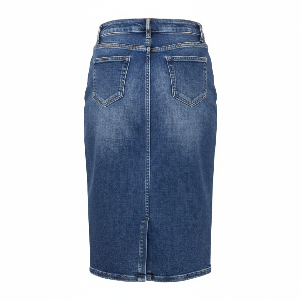 Blue Faded Wash Midi Pencil Denim Skirt - Ghost Mannequin Back