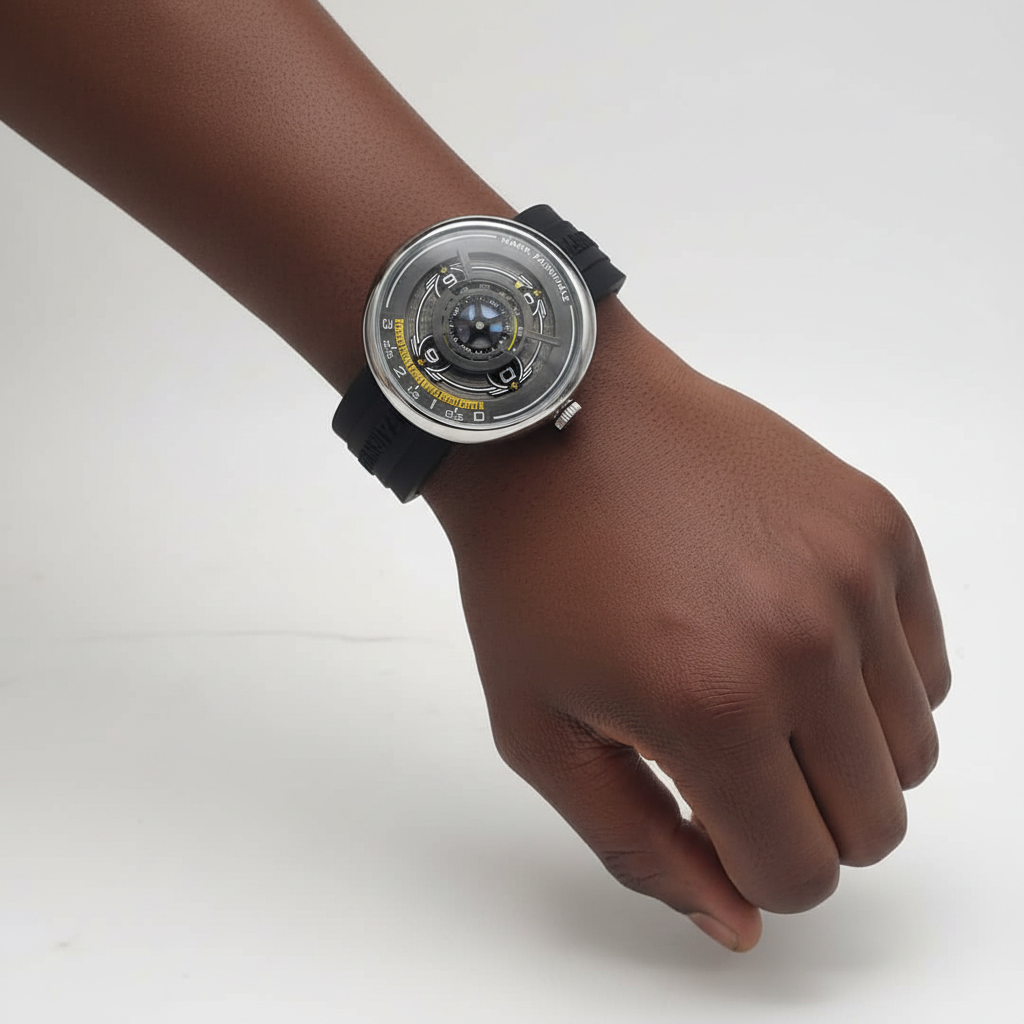 Nigerian man wearing futuristic tech dial watch with black silicone strap, wrist close-up