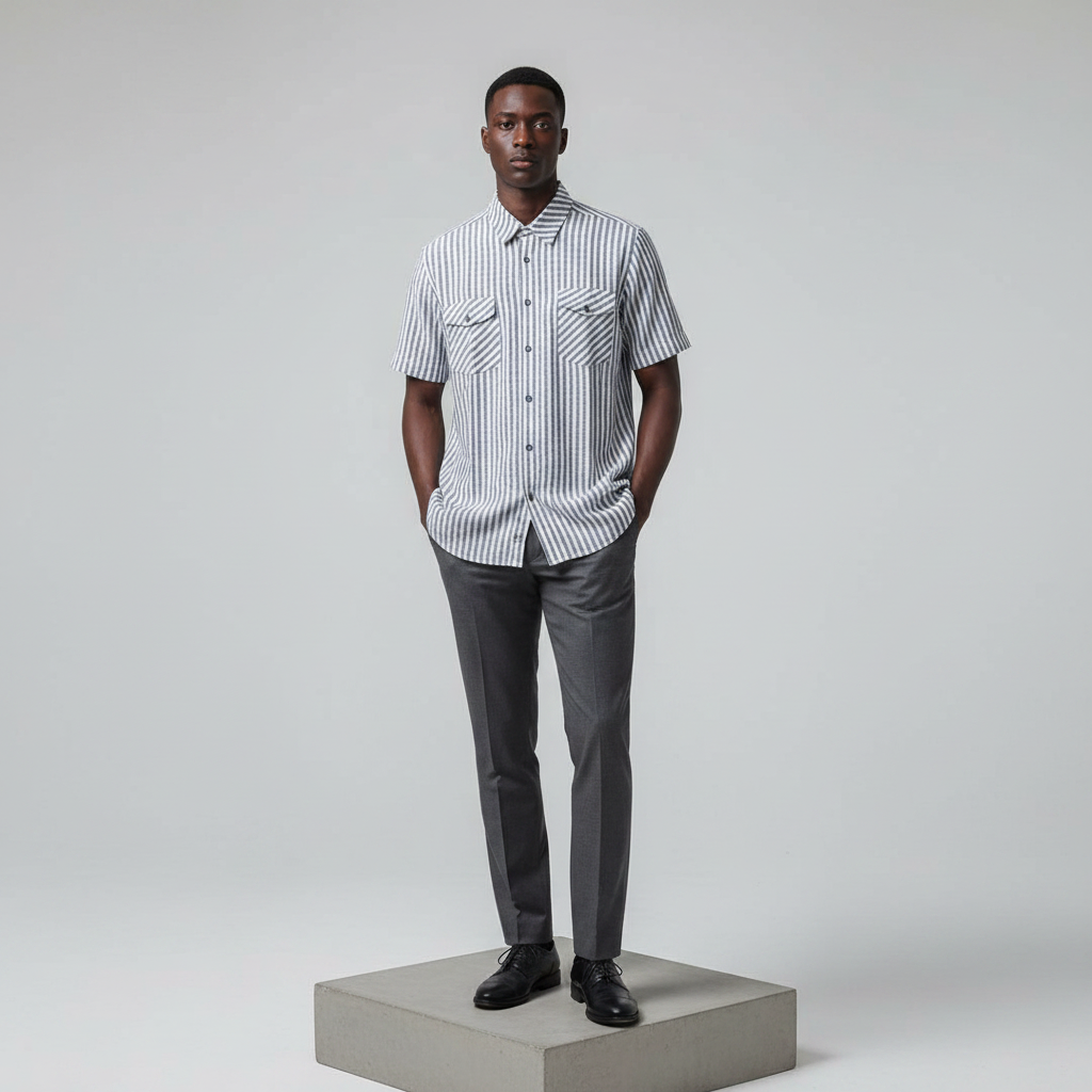 Nigerian male model wearing grey and white striped short-sleeved shirt