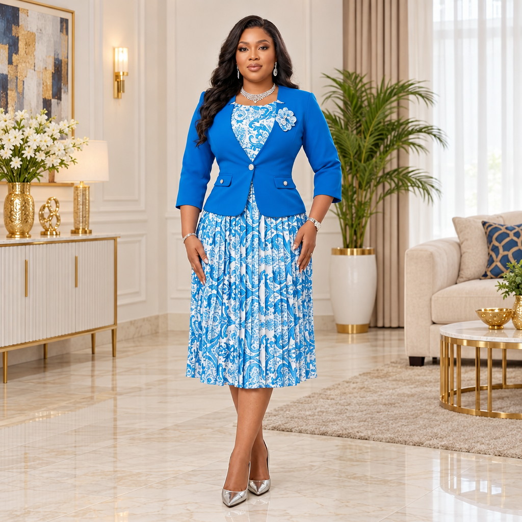 Woman wearing a blue patterned midi dress and fitted jacket set