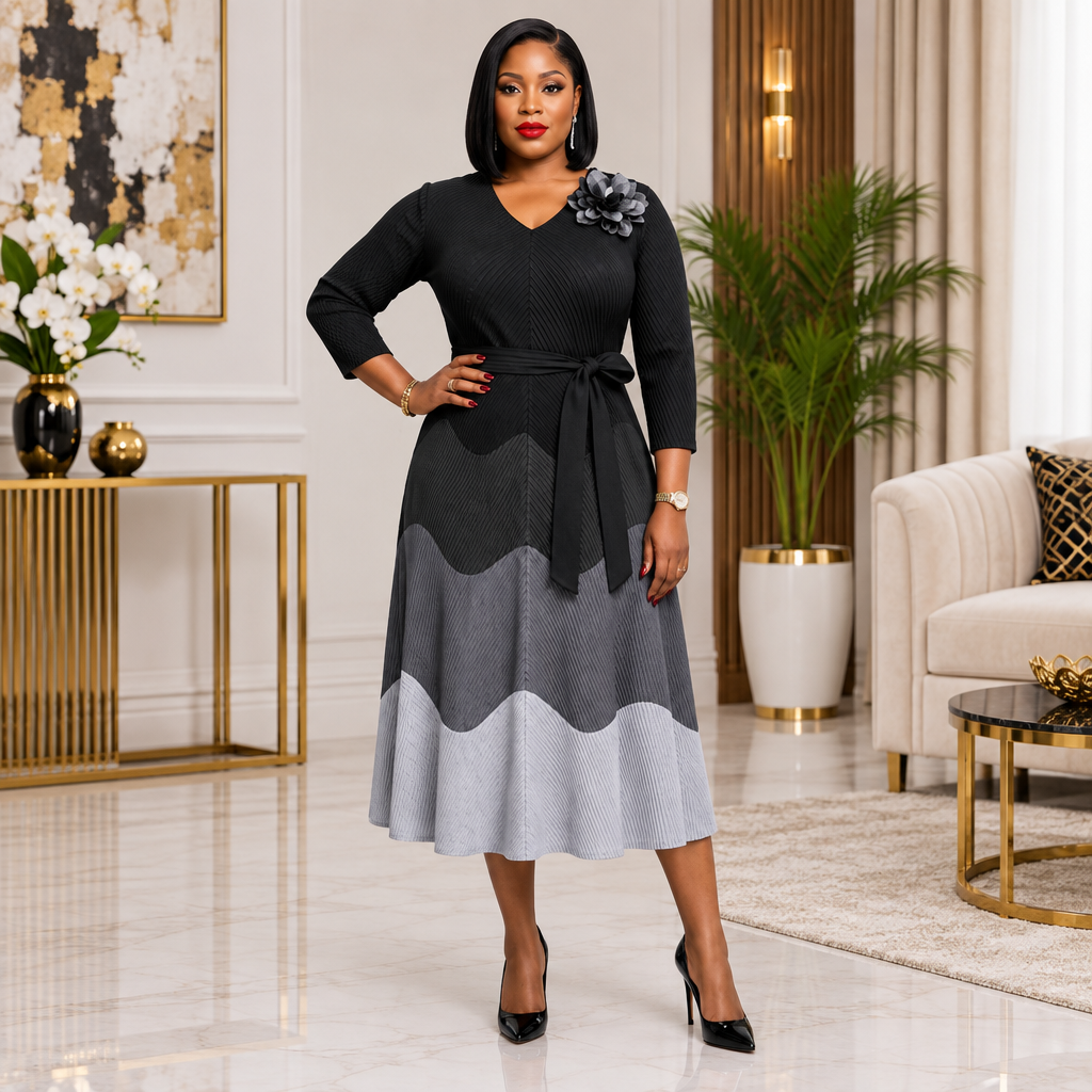 Woman wearing a black and grey colour-block pleated midi dress