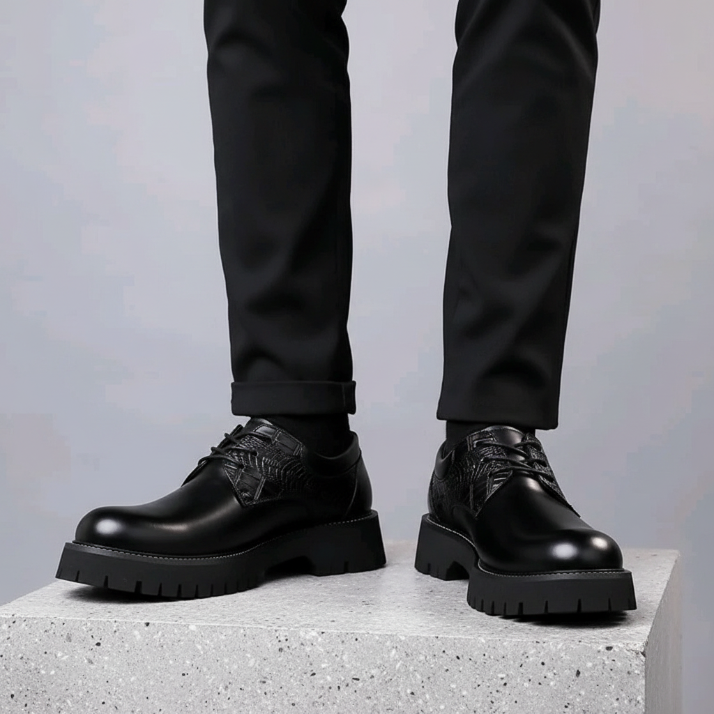 Men's black Oxford shoes leg focus shot both feet on concrete plinth