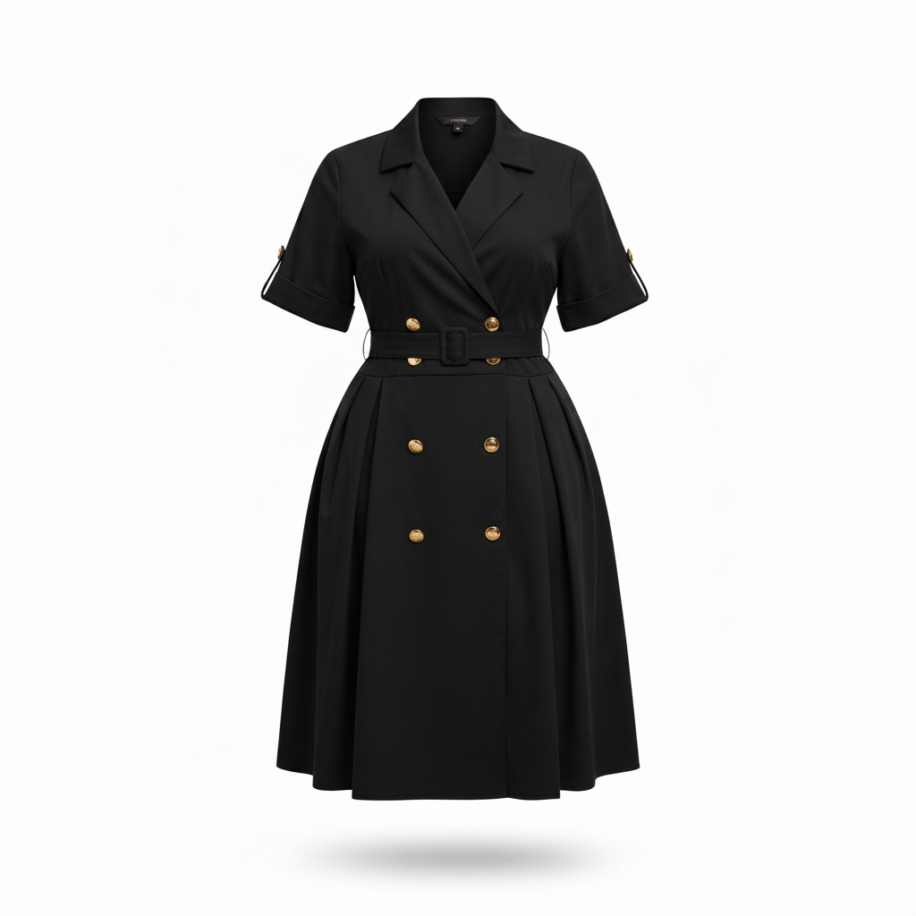Women's black double-breasted midi shirt dress – ghost mannequin view
