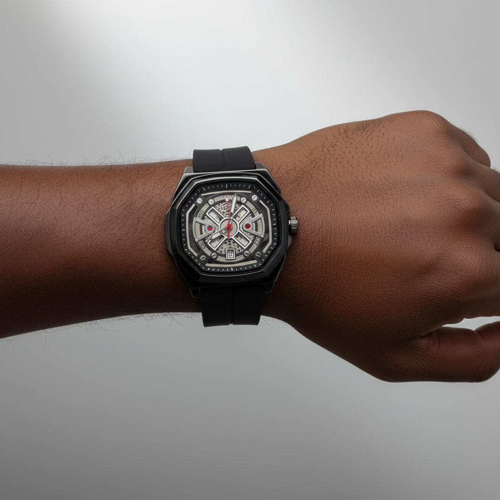 Black strap skeleton-style wristwatch worn on a Black man's wrist
