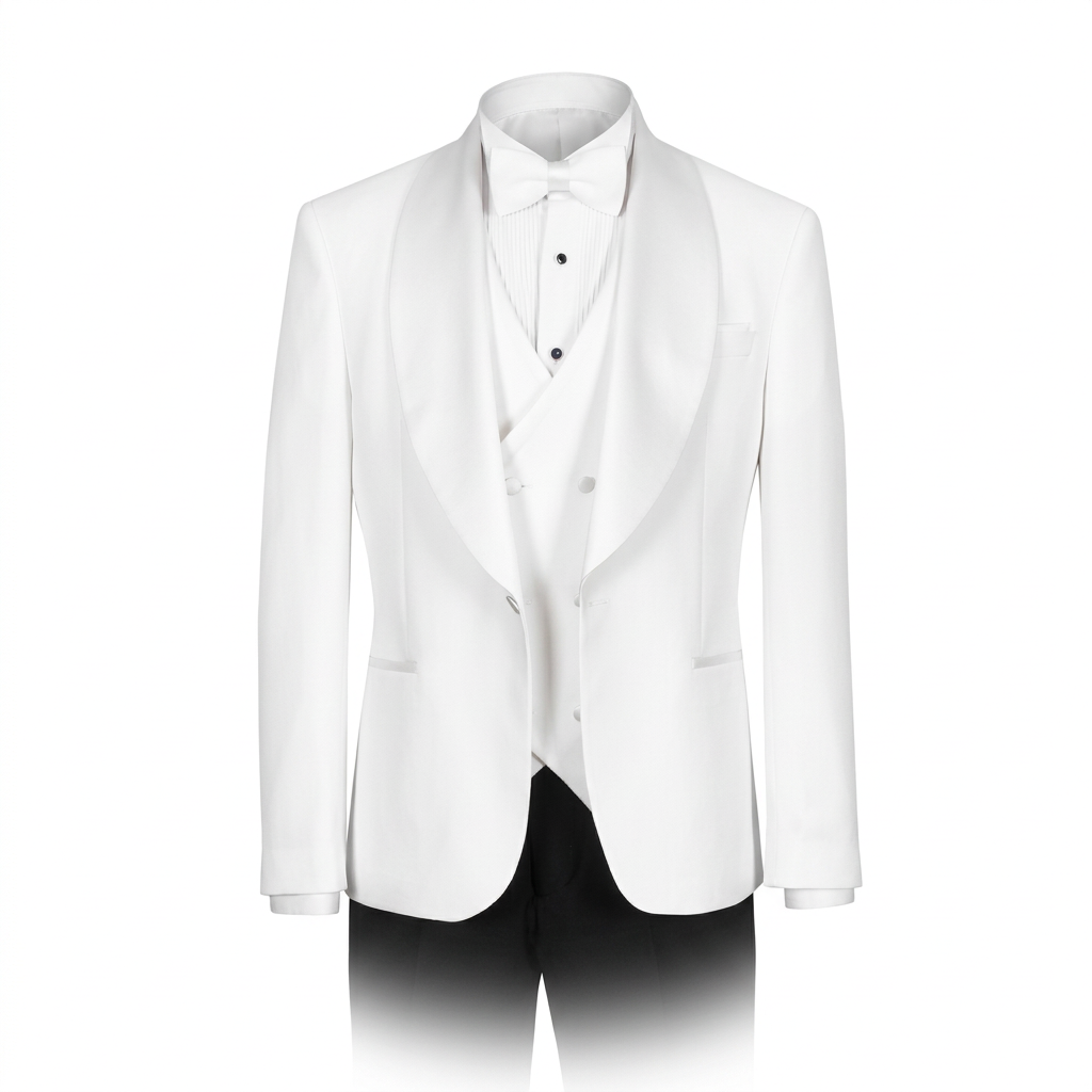 White shawl-collar formal suit shown on an invisible mannequin
