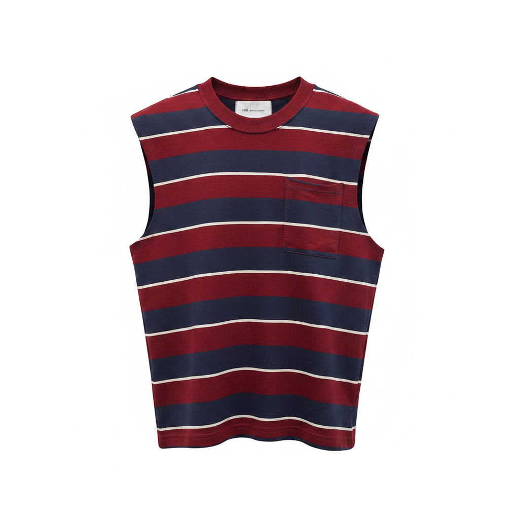 Men's burgundy, navy and white striped sleeveless vest – ghost mannequin front view