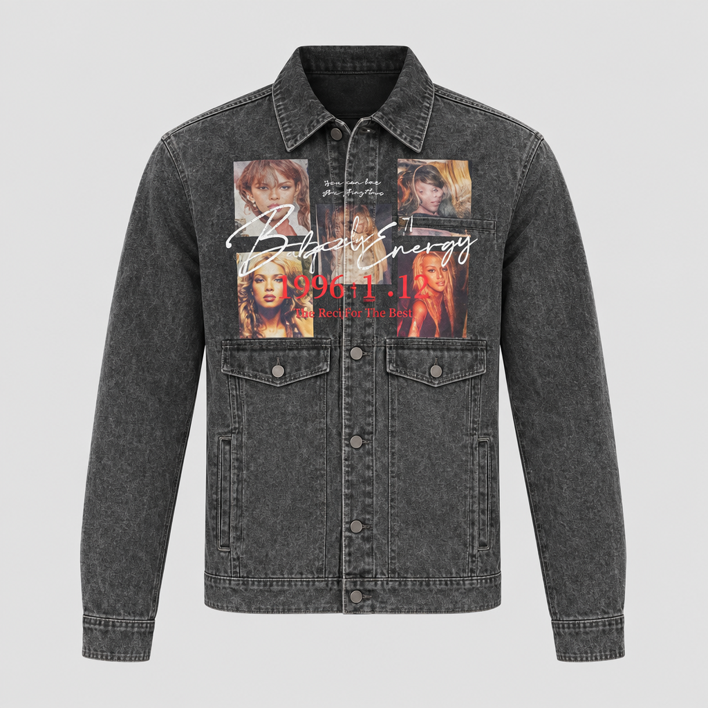 Ghost mannequin view of a grey graphic denim jacket