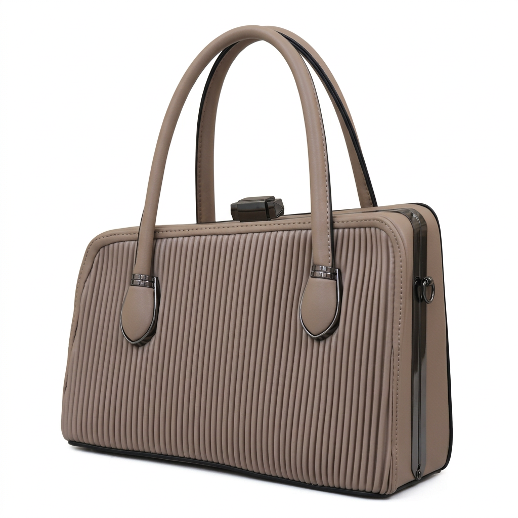 Taupe ribbed twin-handle handbag with dark metallic frame on white