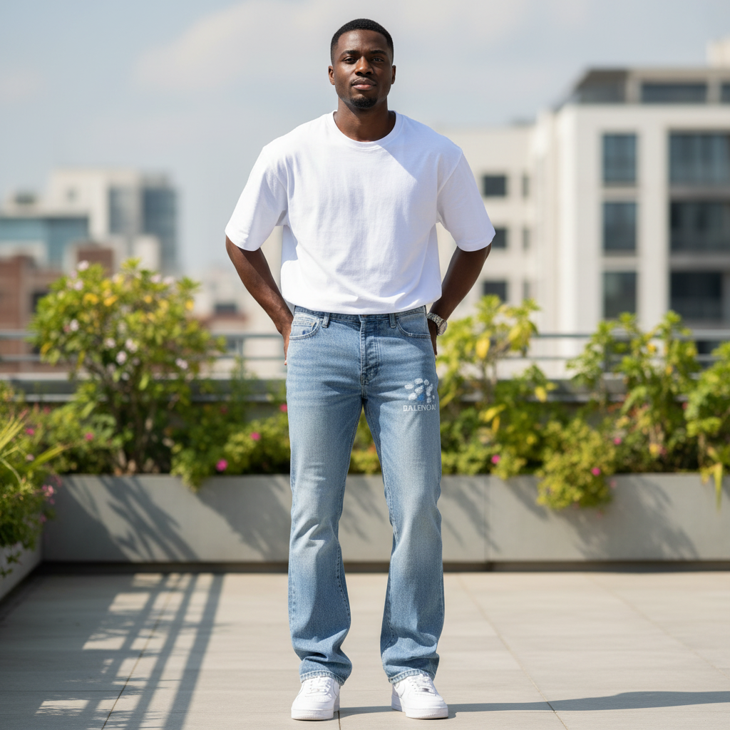Nigerian model wearing Light Blue Washed Flare-Leg Paint Splash Logo Print Monogram Jeans
