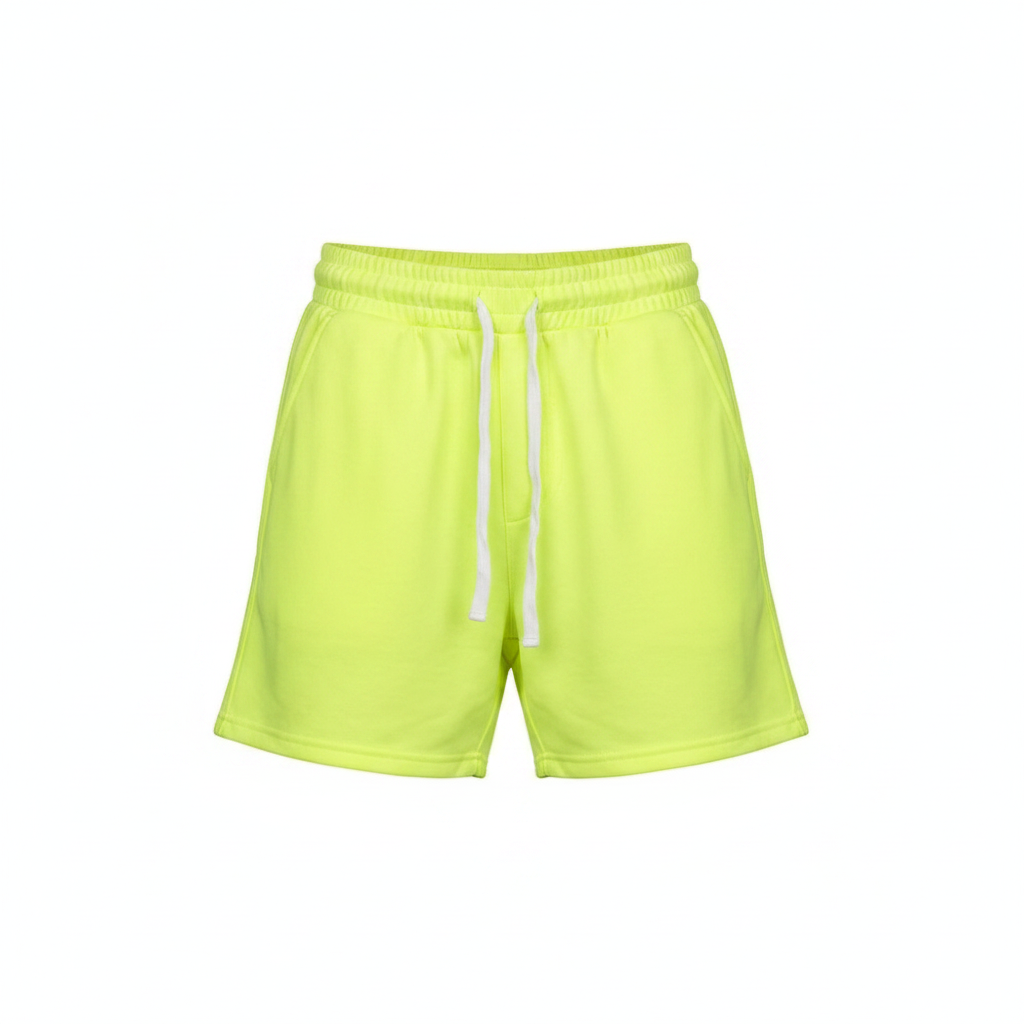 Ghost mannequin front view of neon yellow plain fleece drawstring shorts