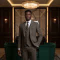 Young Nigerian male model wearing De Jossy olive three-piece suit in upscale interior