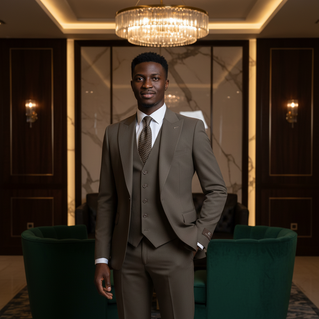 Young Nigerian male model wearing De Jossy olive three-piece suit in upscale interior