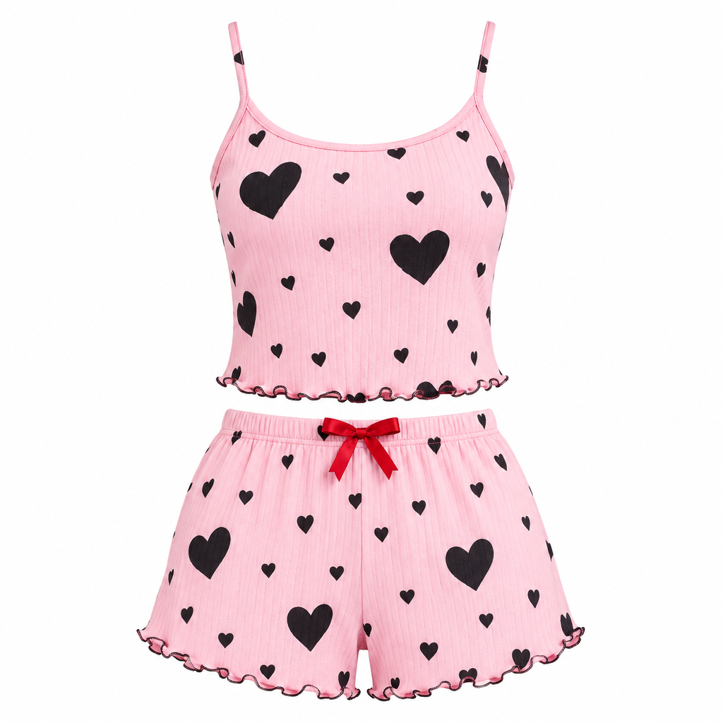 2-Piece Heart Print Cami Pyjama Set – Pink Black Hearts