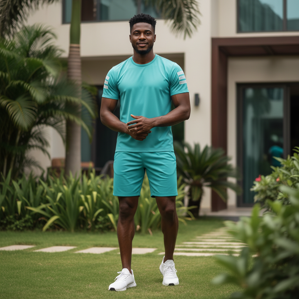 Nigerian male model wearing aqua teal short-sleeve sports jersey with sleeve label patches