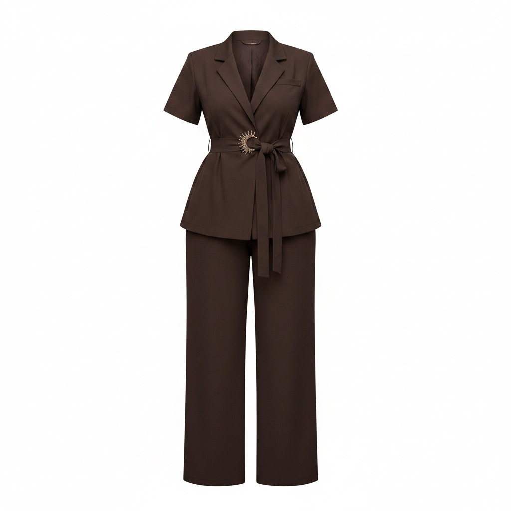 Women's short-sleeve tie-waist blazer co-ord set in dark brown – ghost mannequin front view