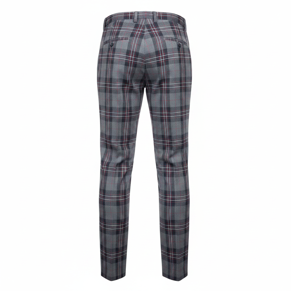 Grey Burgundy Tartan Trousers – Back Ghost Mannequin