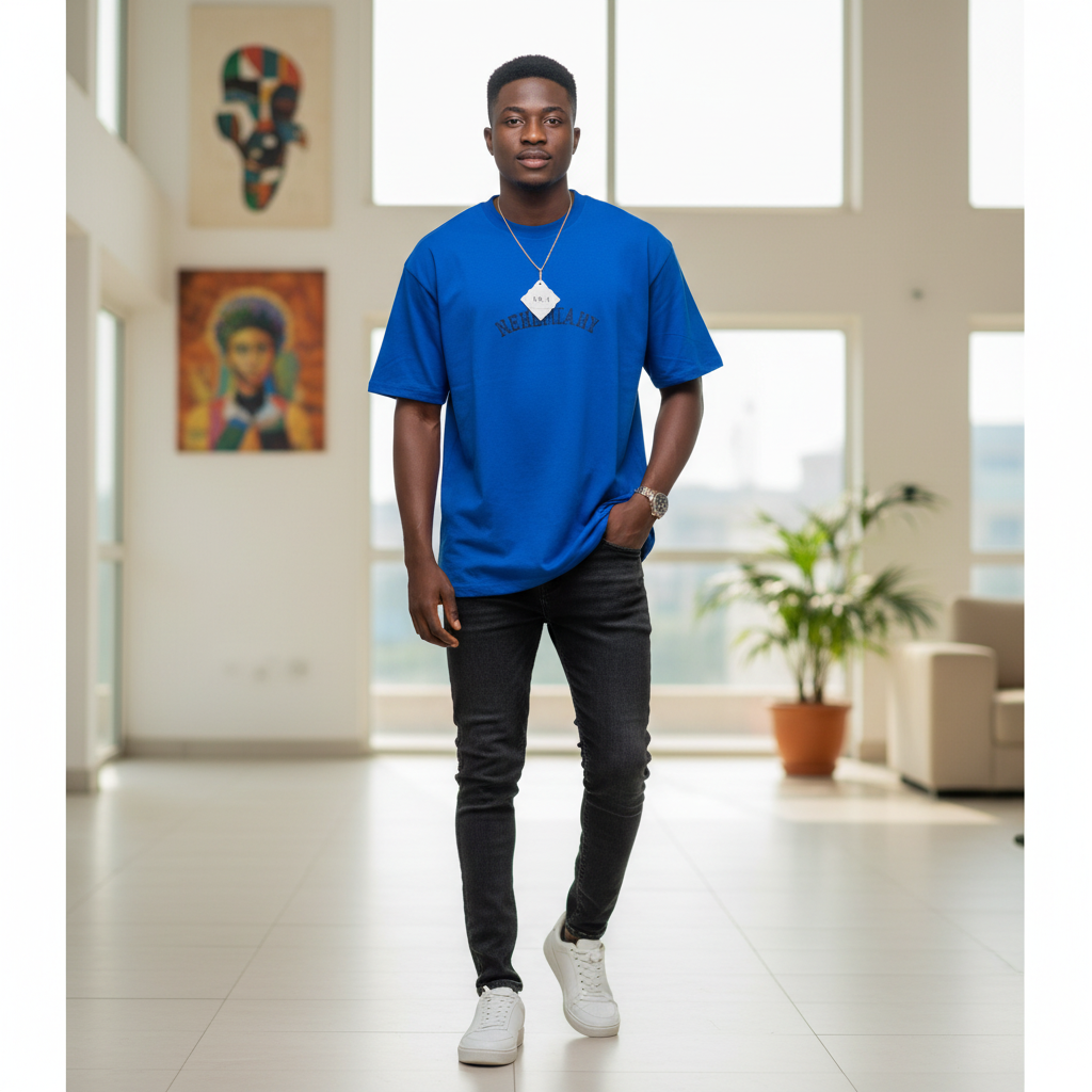 Script Graphic Oversized T-Shirt Royal Blue – Model Shot