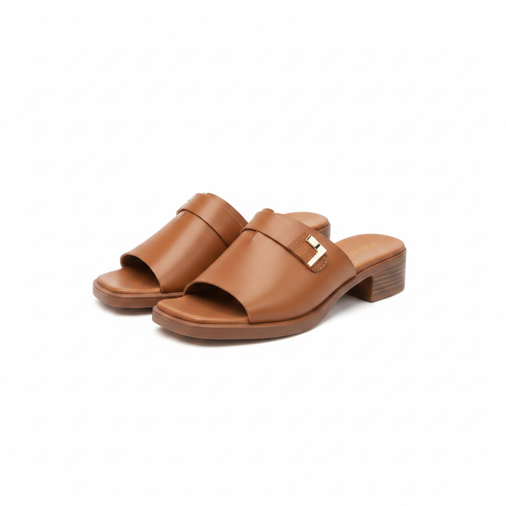 Ghost mannequin pair view of tan brown leather T-bar block heel slide mules
