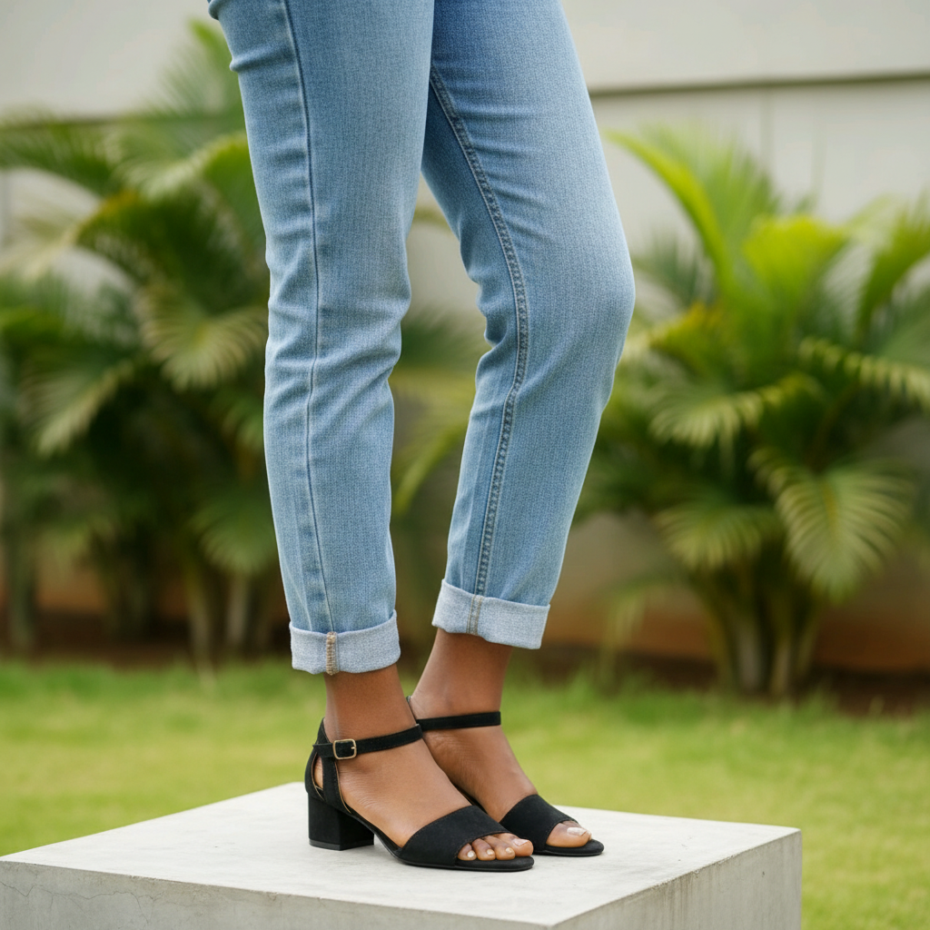 Nigerian female model wearing black suede open-toe block heel sandals