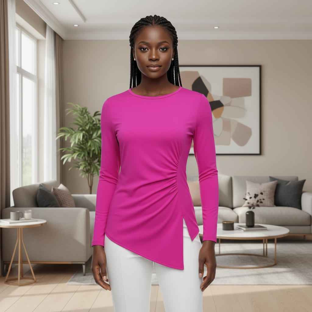 Hot Pink Ruched Asymmetric Long-Sleeve Top - Front Model