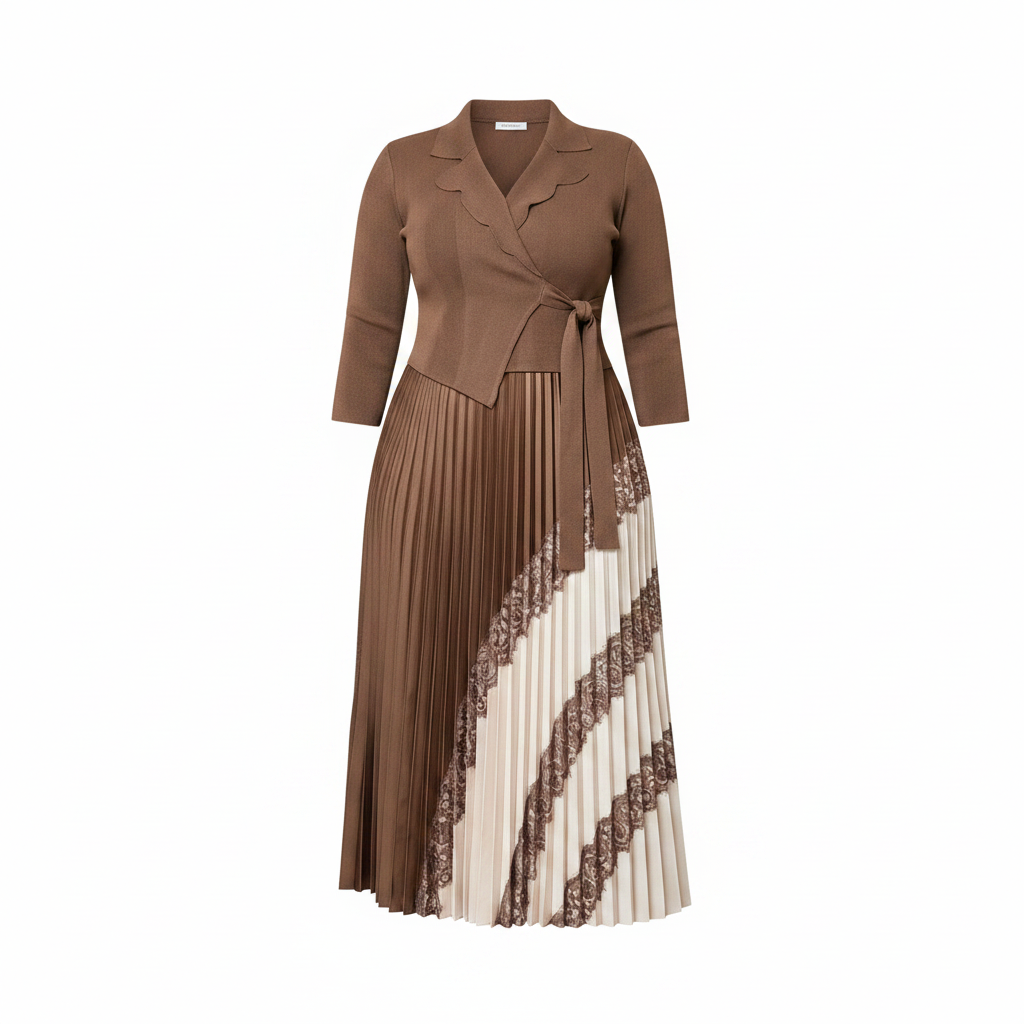Camel brown and cream paisley pleated midi wrap gown with self-tie bow, ghost mannequin view