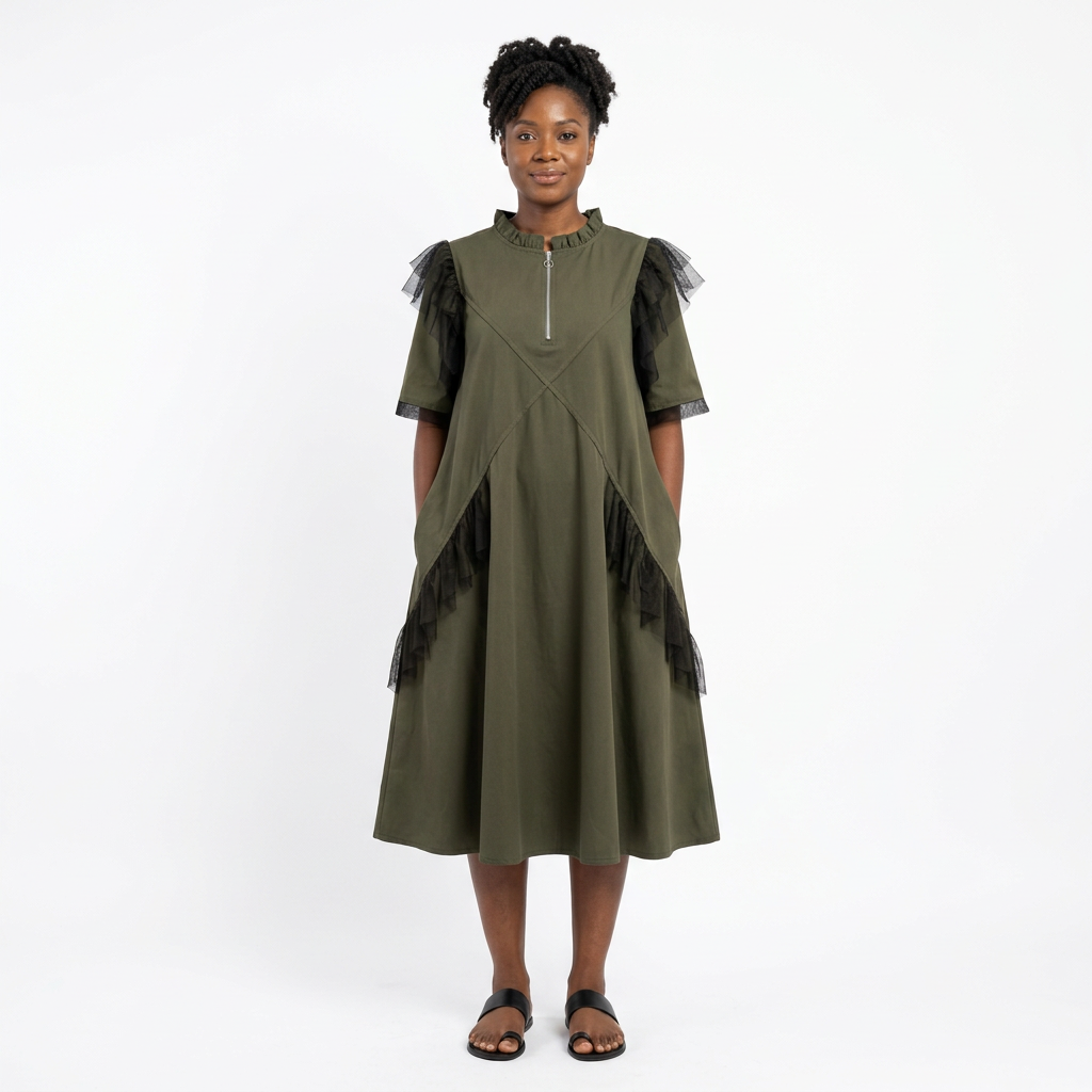 Full-body adult Black woman wearing an olive-green black ruffle-trim midi dress