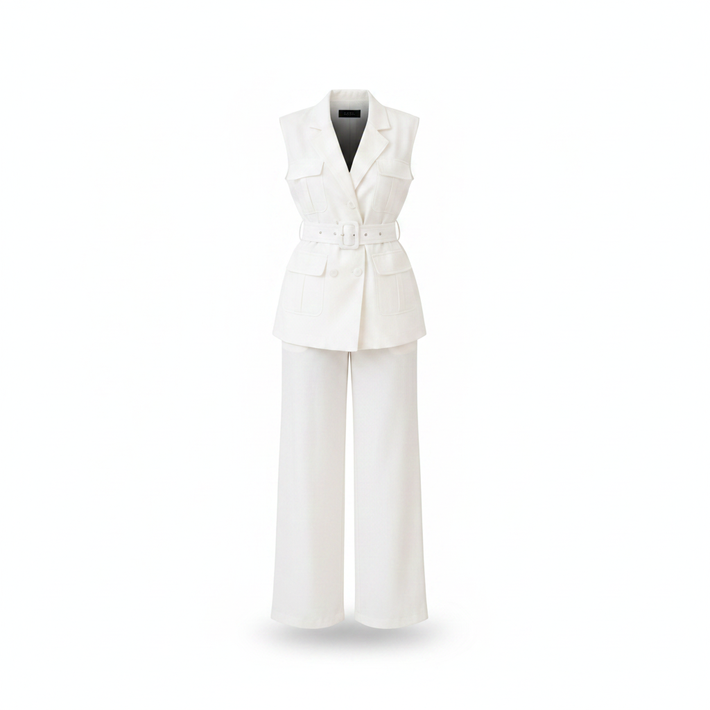 Women's sleeveless belted blazer vest co-ord set in white – ghost mannequin front view