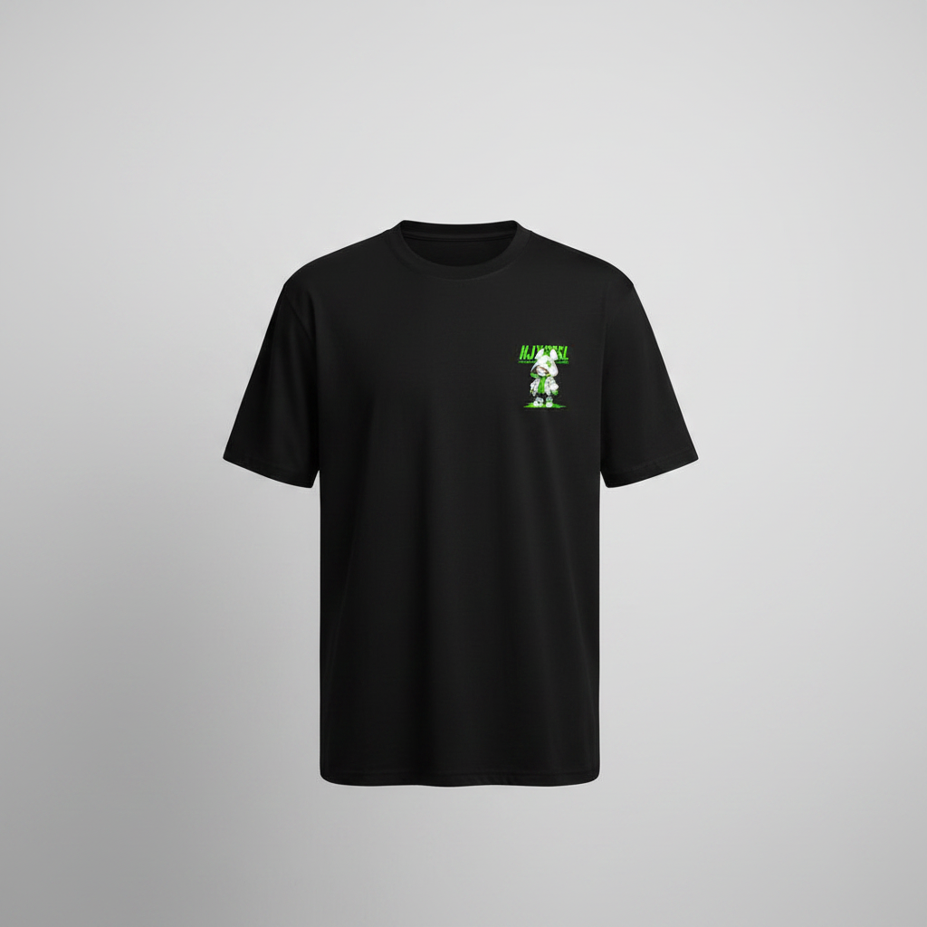 Ghost mannequin front view of black green cartoon graphic tee