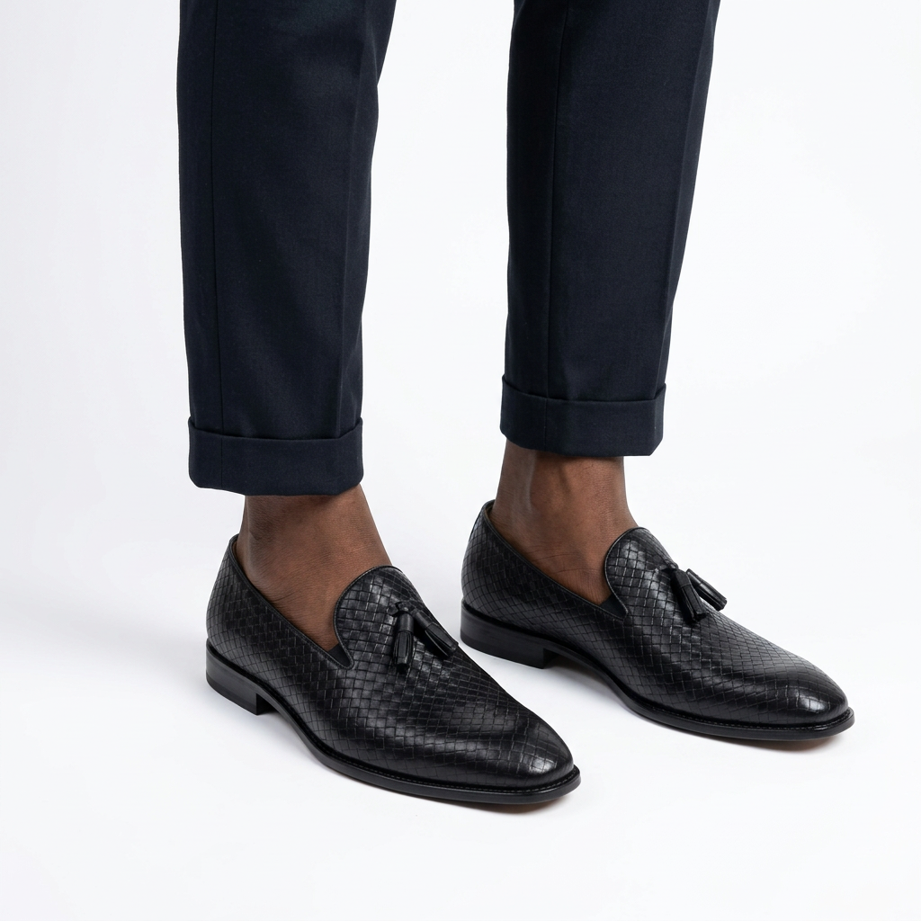 Black male model wearing both black basketweave tassel loafers on white