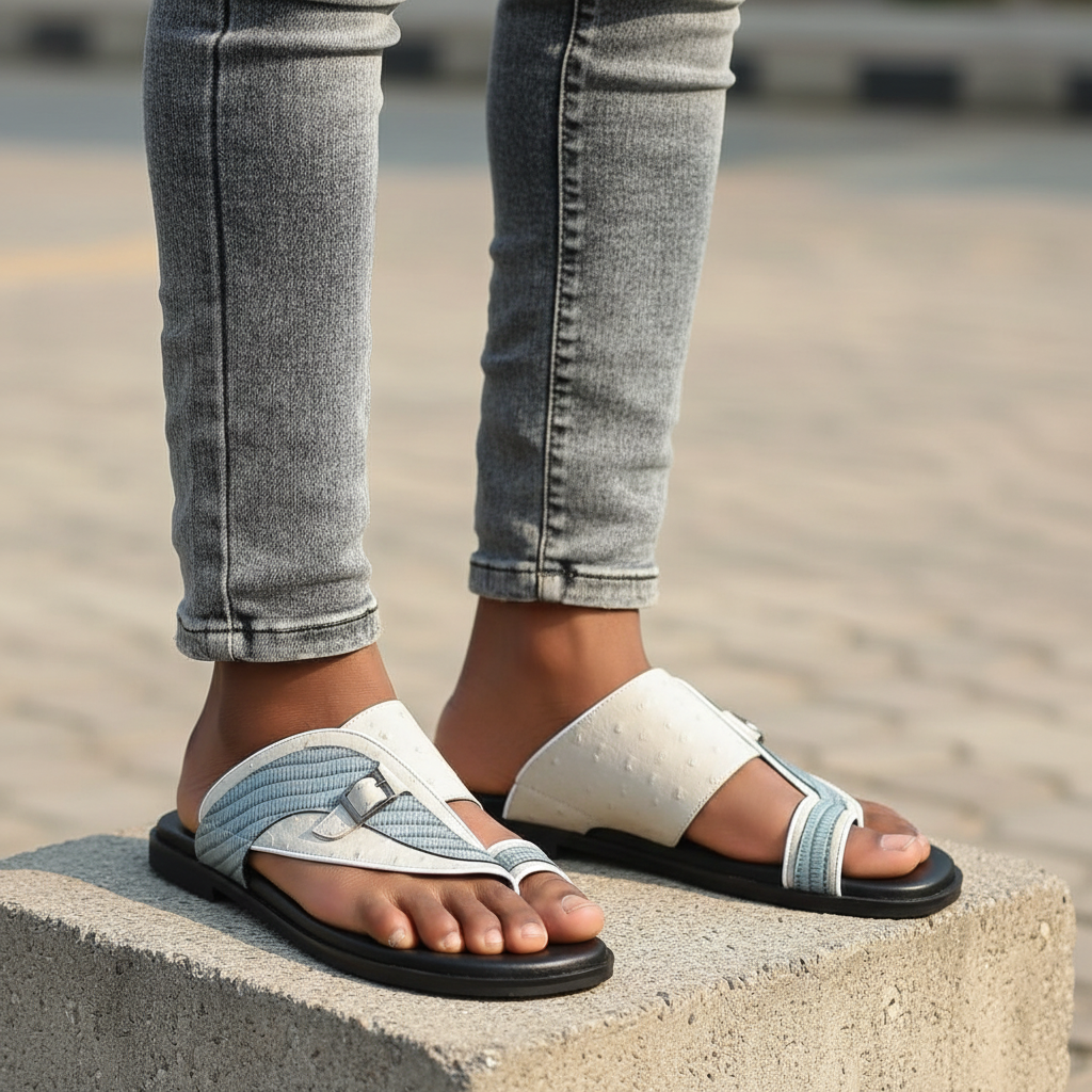 Leg focus shot of men's ice grey leather thong slide sandals on Nigerian male model