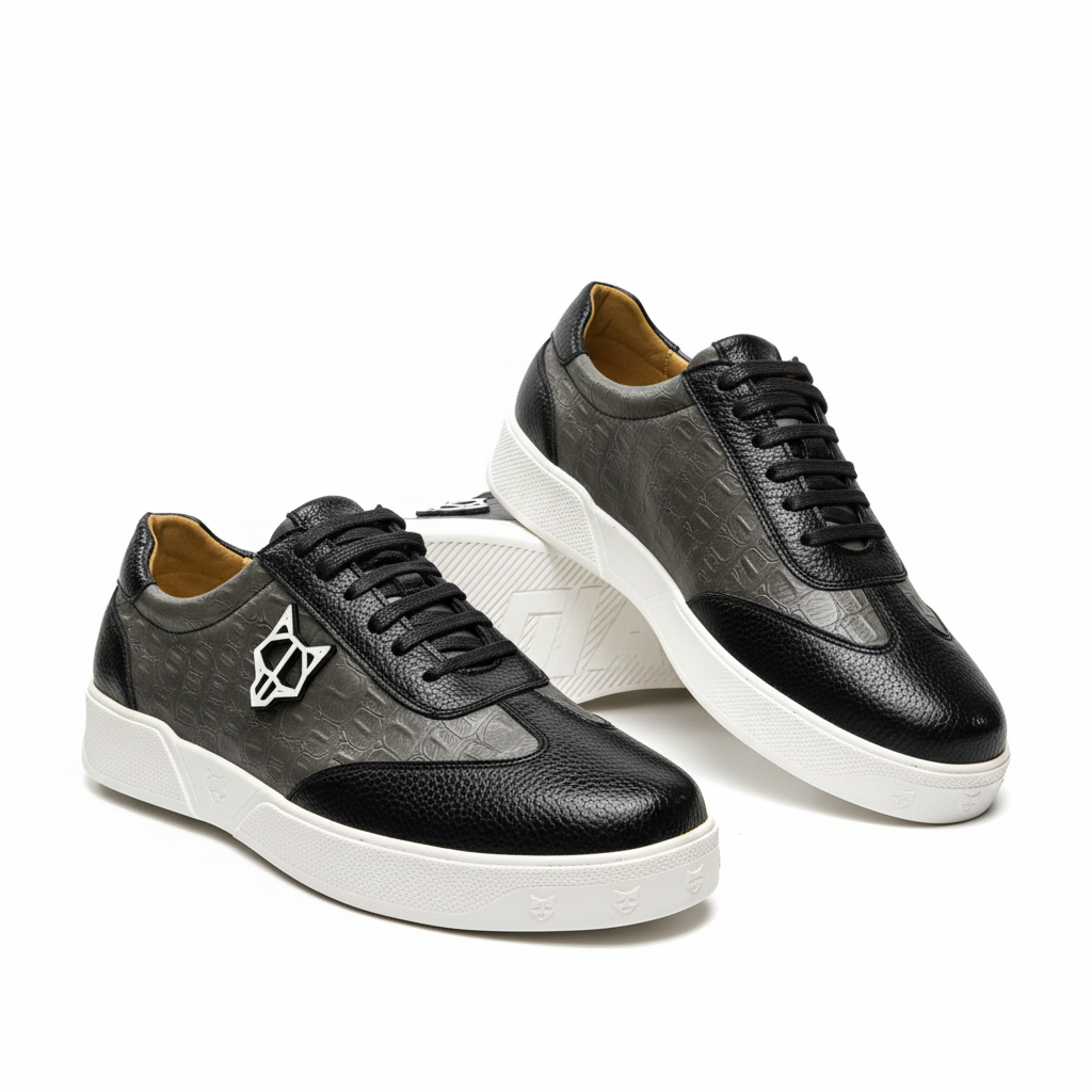 Men's Black Textured Leather Sneaker – Ghost Mannequin Pair Front and Side View