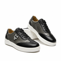 Men's Black Textured Leather Sneaker – Ghost Mannequin Pair Front and Side View