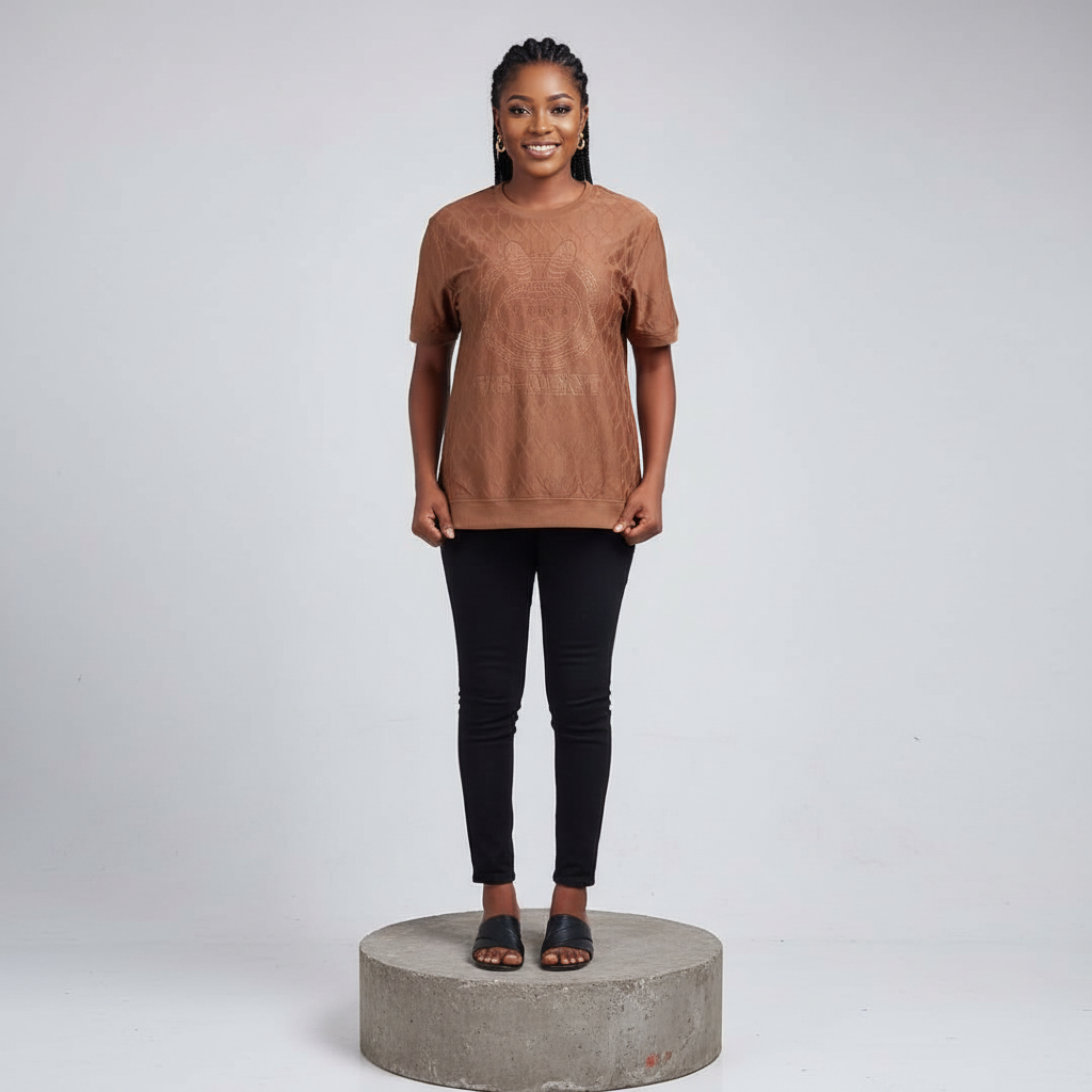 Nigerian female model front view wearing brown quilted embossed horseshoe tee
