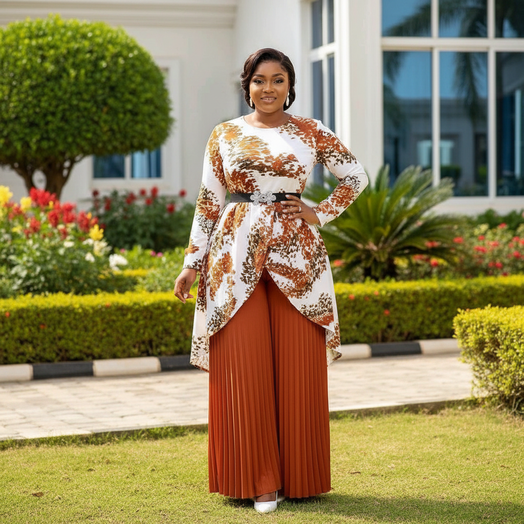 Nigerian female model wearing rust floral print top and burnt orange pleated palazzo trousers set
