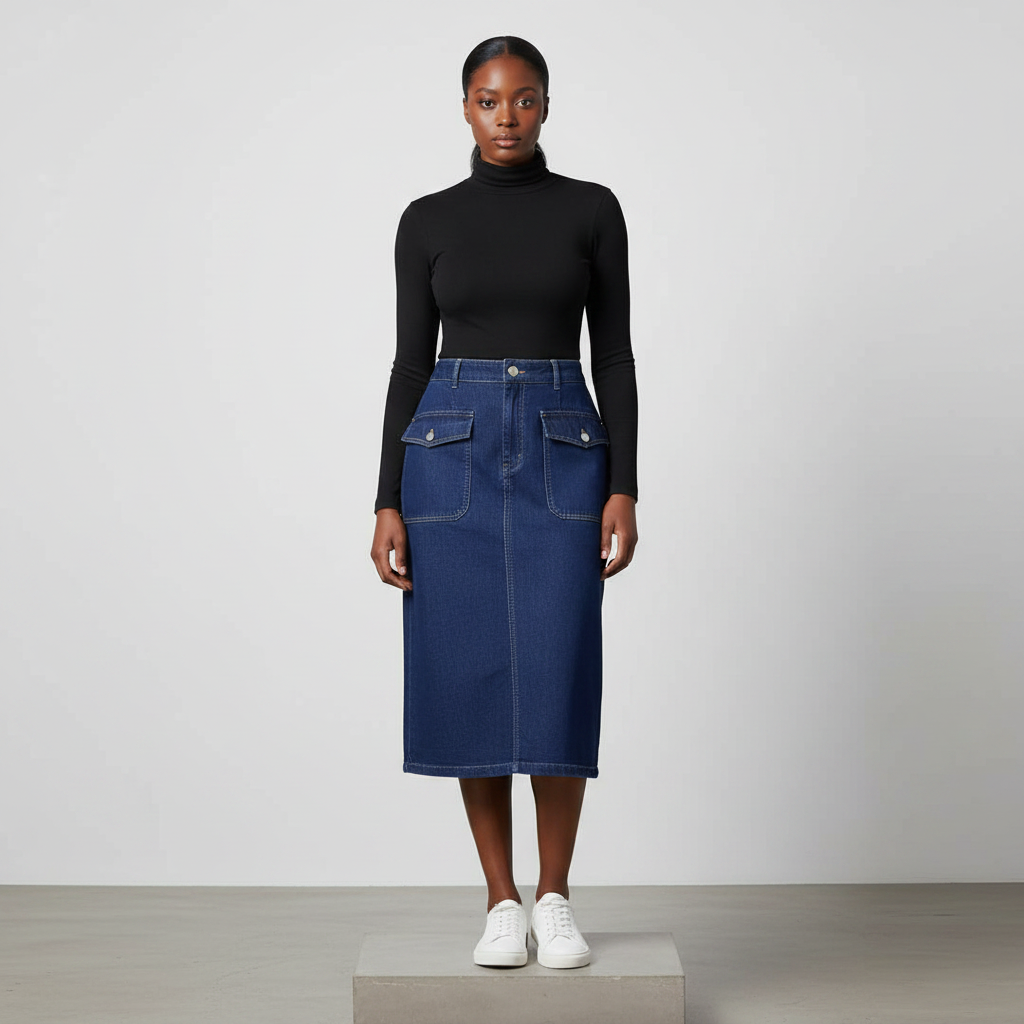 Navy Blue Denim Midi Skirt - Model Front View