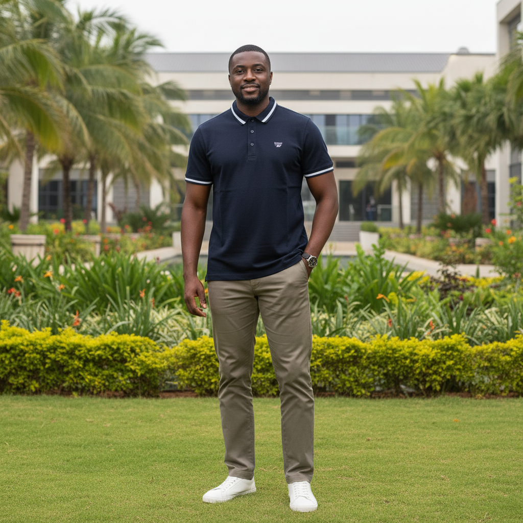 Nigerian male model wearing men's navy polo shirt with white tipping, garden setting