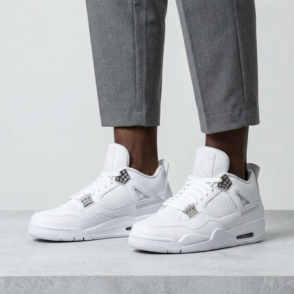 Leg-focused model wearing white mesh-panel mid-top sneakers