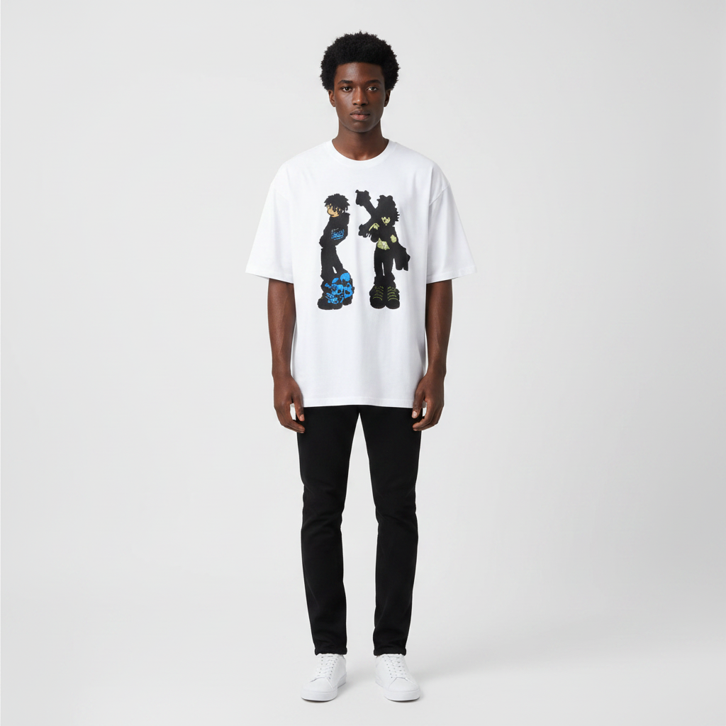 Man wearing the white illustrated duo print oversized tee