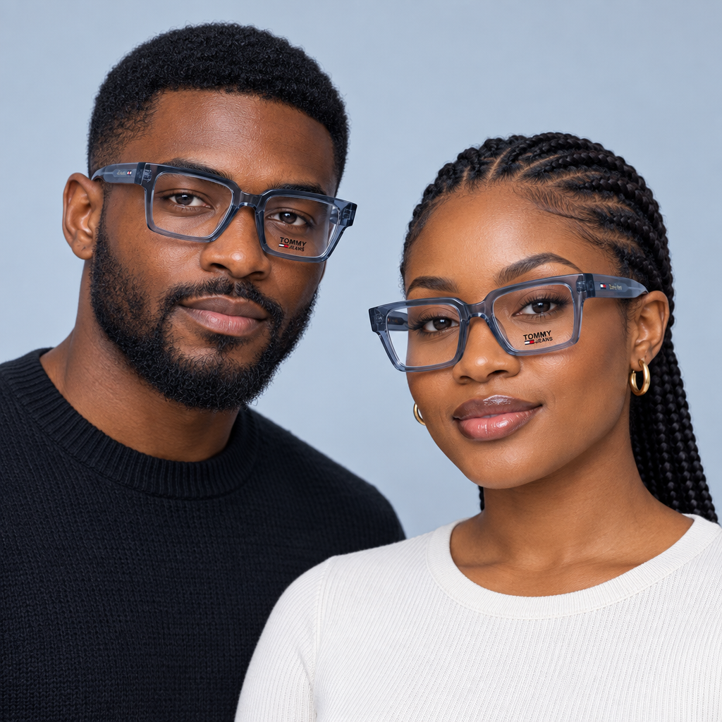 Translucent grey rectangular eyeglasses worn by a Black adult man and woman