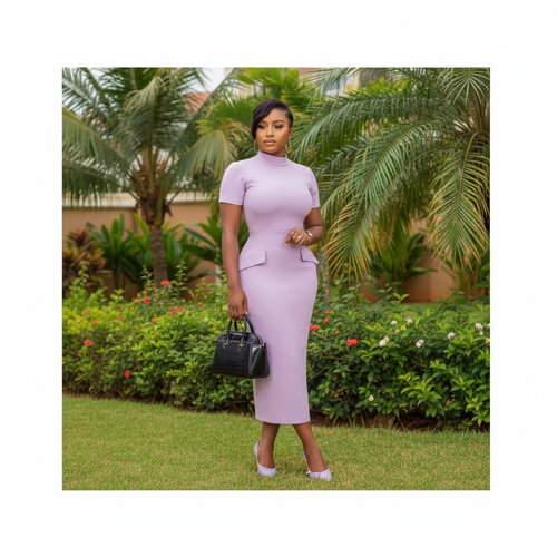 Model Shot – Lavender Fitted Mock Neck Midi Dress