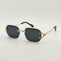 AI-edited catalog image of gold-tone square sunglasses with dark grey lenses
