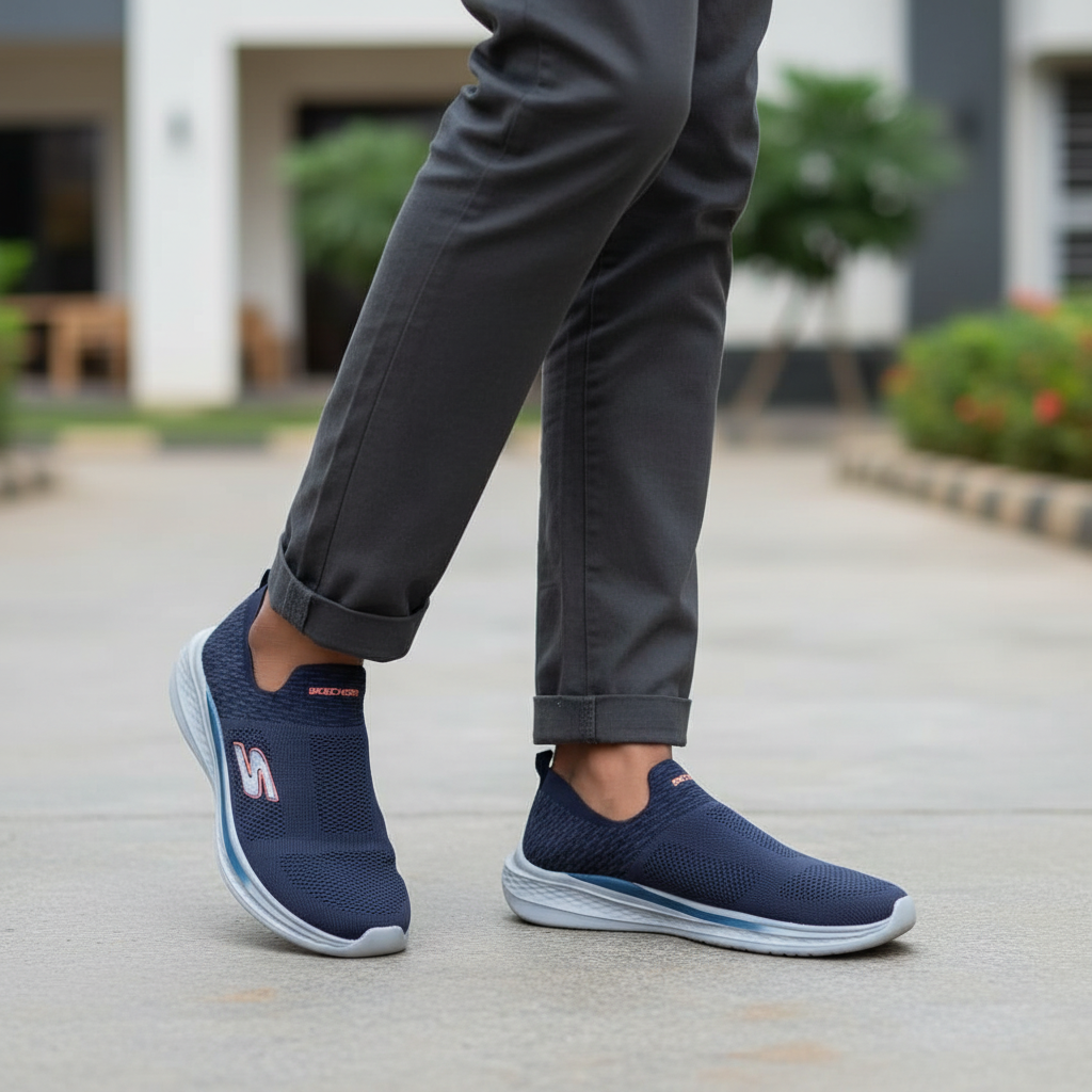Nigerian male model wearing navy blue knit slip-on sneakers with orange S logo, Gen Z street style leg shot