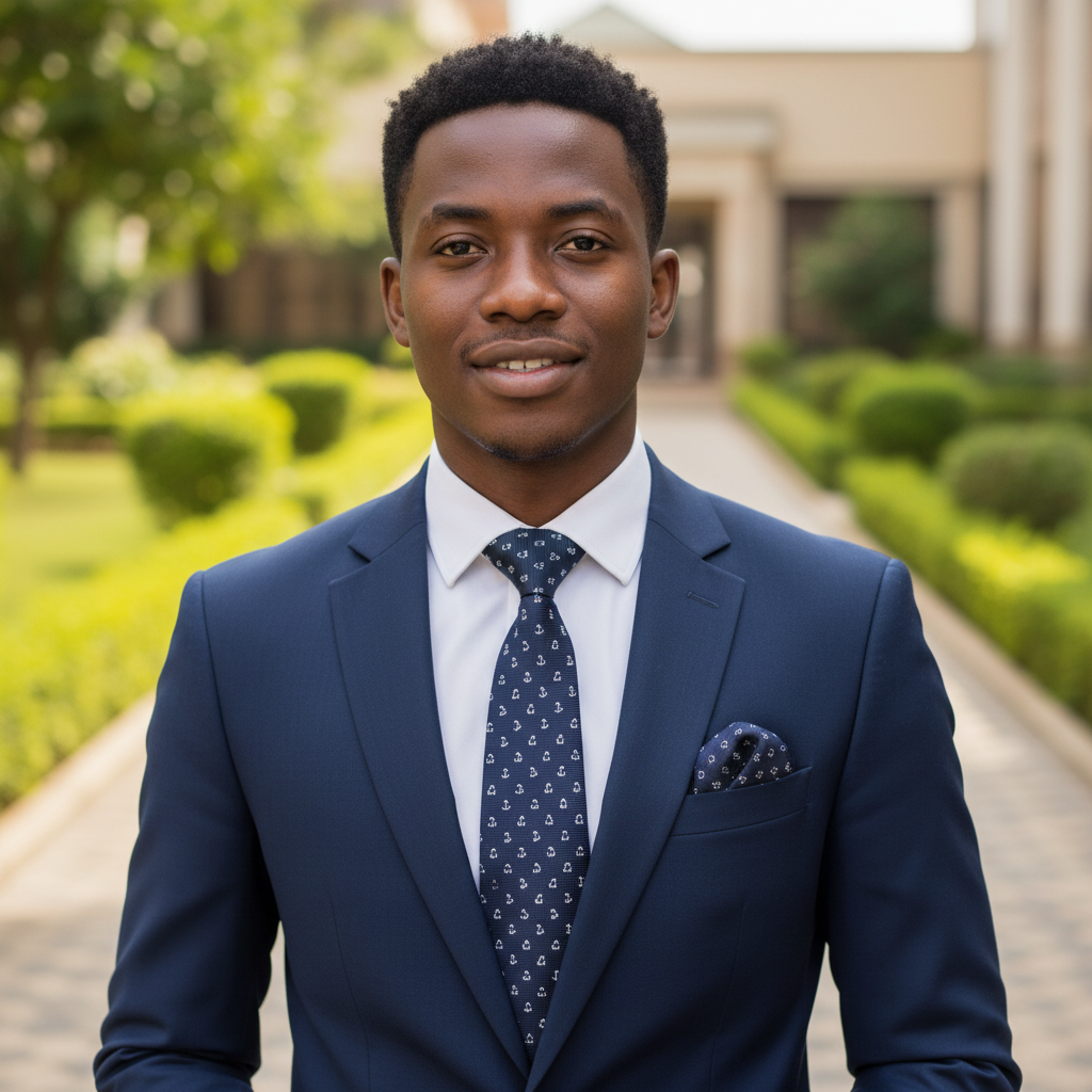 Nigerian male model wearing navy blue anchor nautical print woven necktie and pocket square with white shirt and navy suit