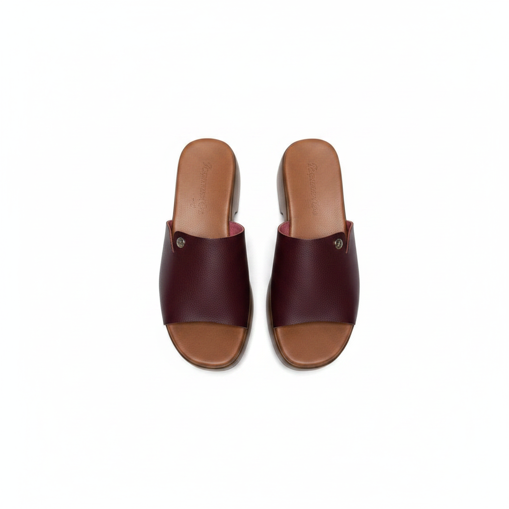 Ghost mannequin pair view of wine burgundy leather chunky platform clog slide mules