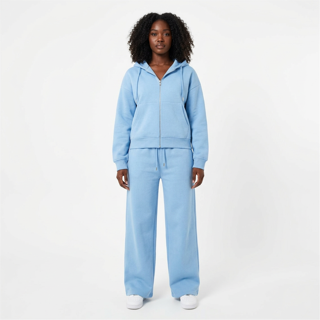 Adult Black model wearing a sky-blue hoodie and wide-leg trouser set