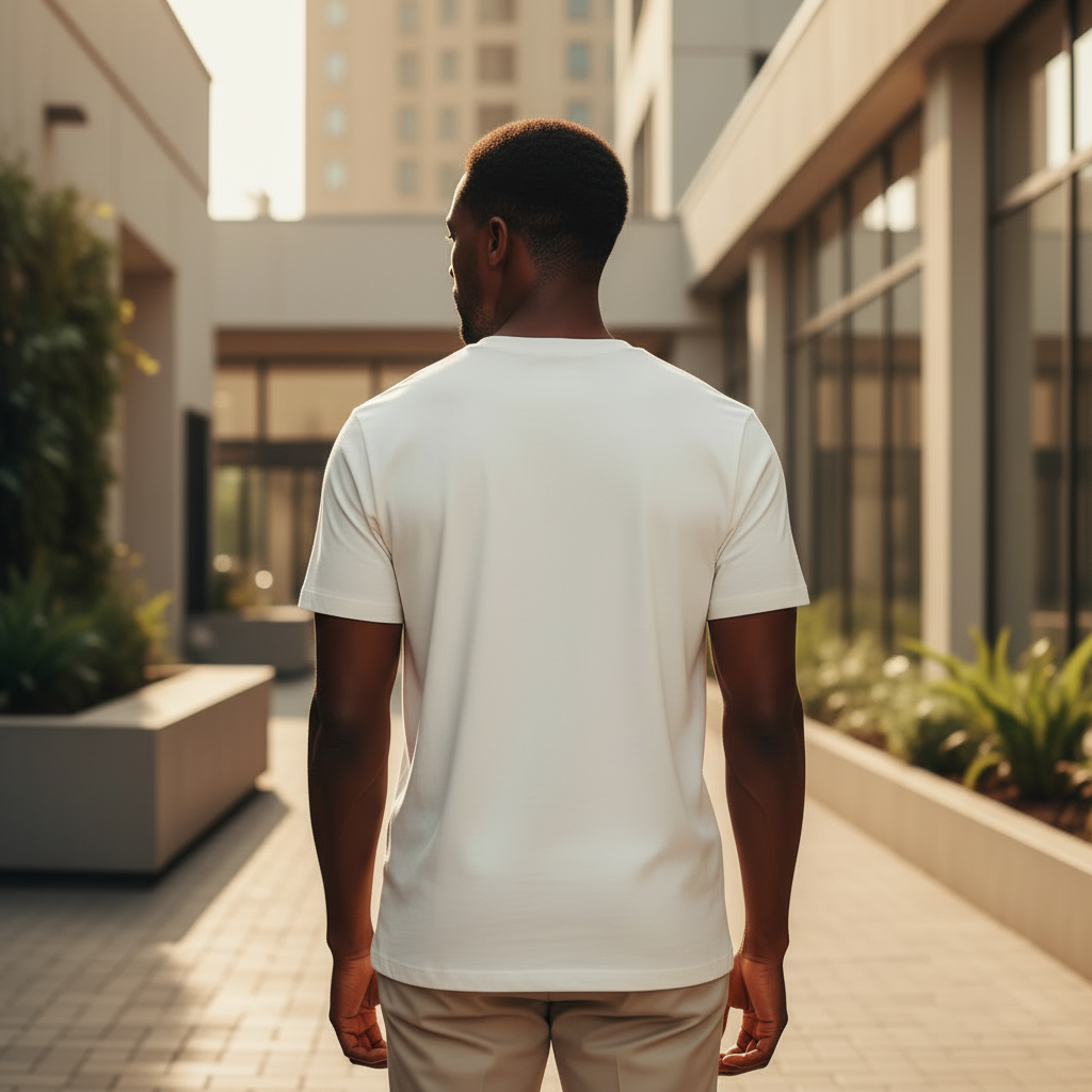Plain Off-White Tee back view on Nigerian male model