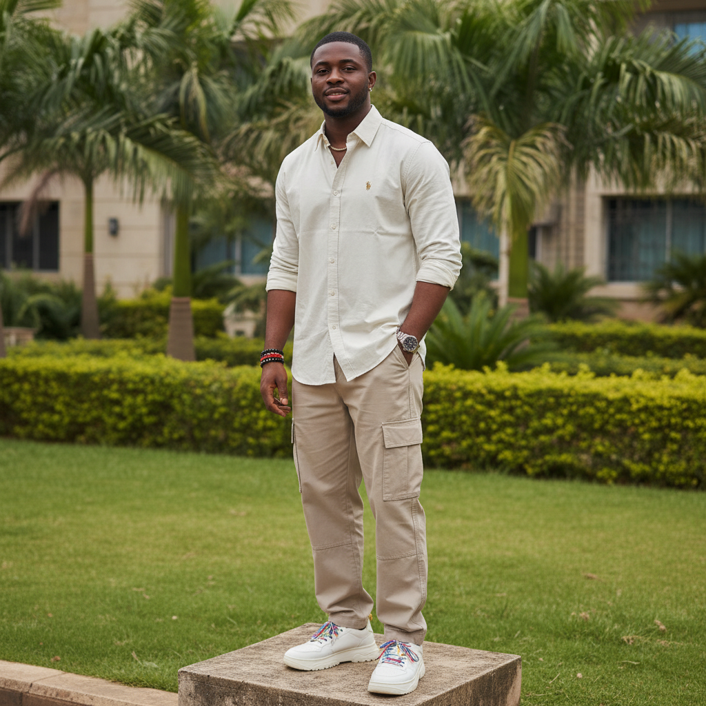 Nigerian male model wearing men's off-white long-sleeve button-down casual shirt, garden setting