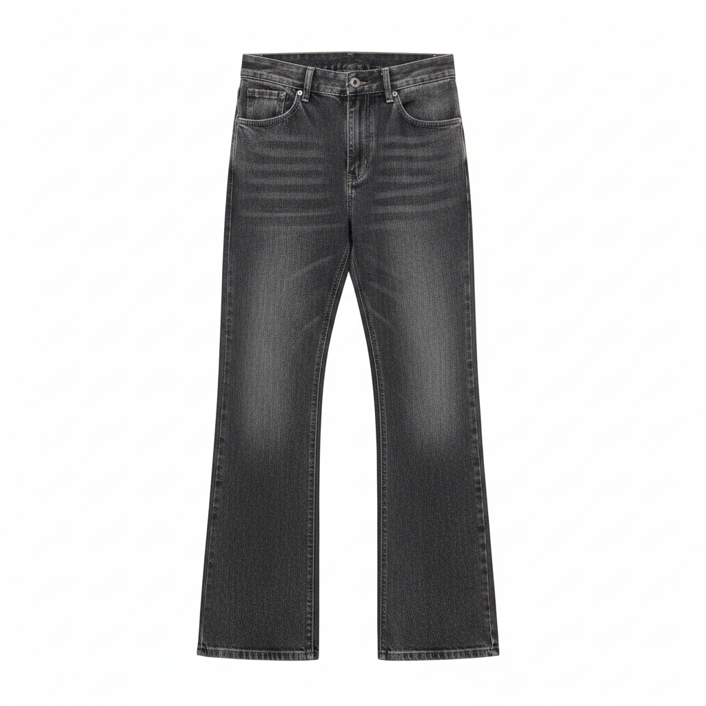 Men's charcoal grey acid-wash flared denim jeans ghost mannequin front view