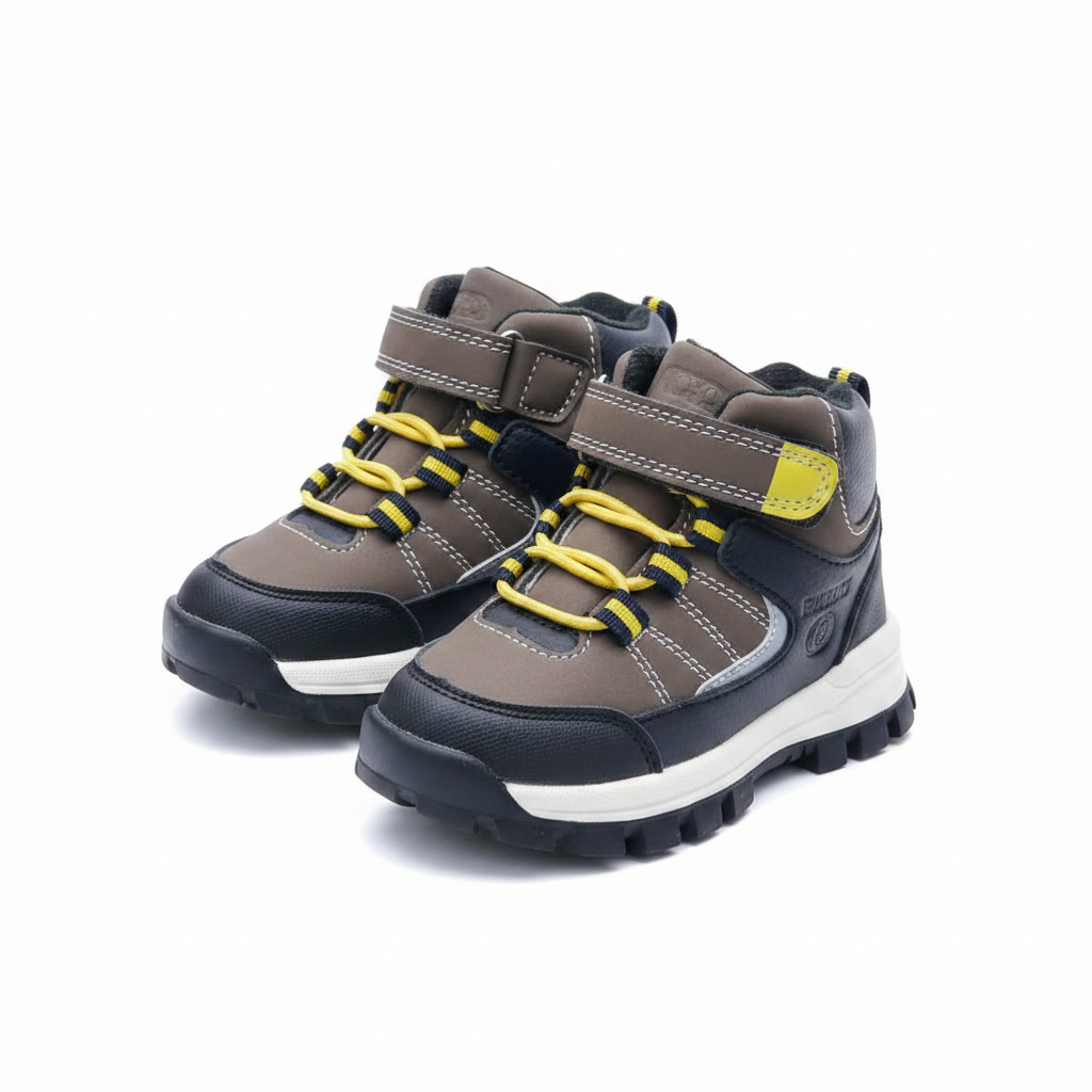 Kids grey and yellow high-top hiking sneaker boot ghost mannequin pair view