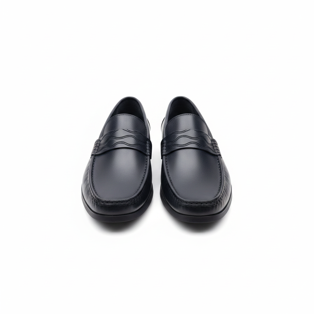Men's navy wave-strap leather loafer pair ghost mannequin front and sole view